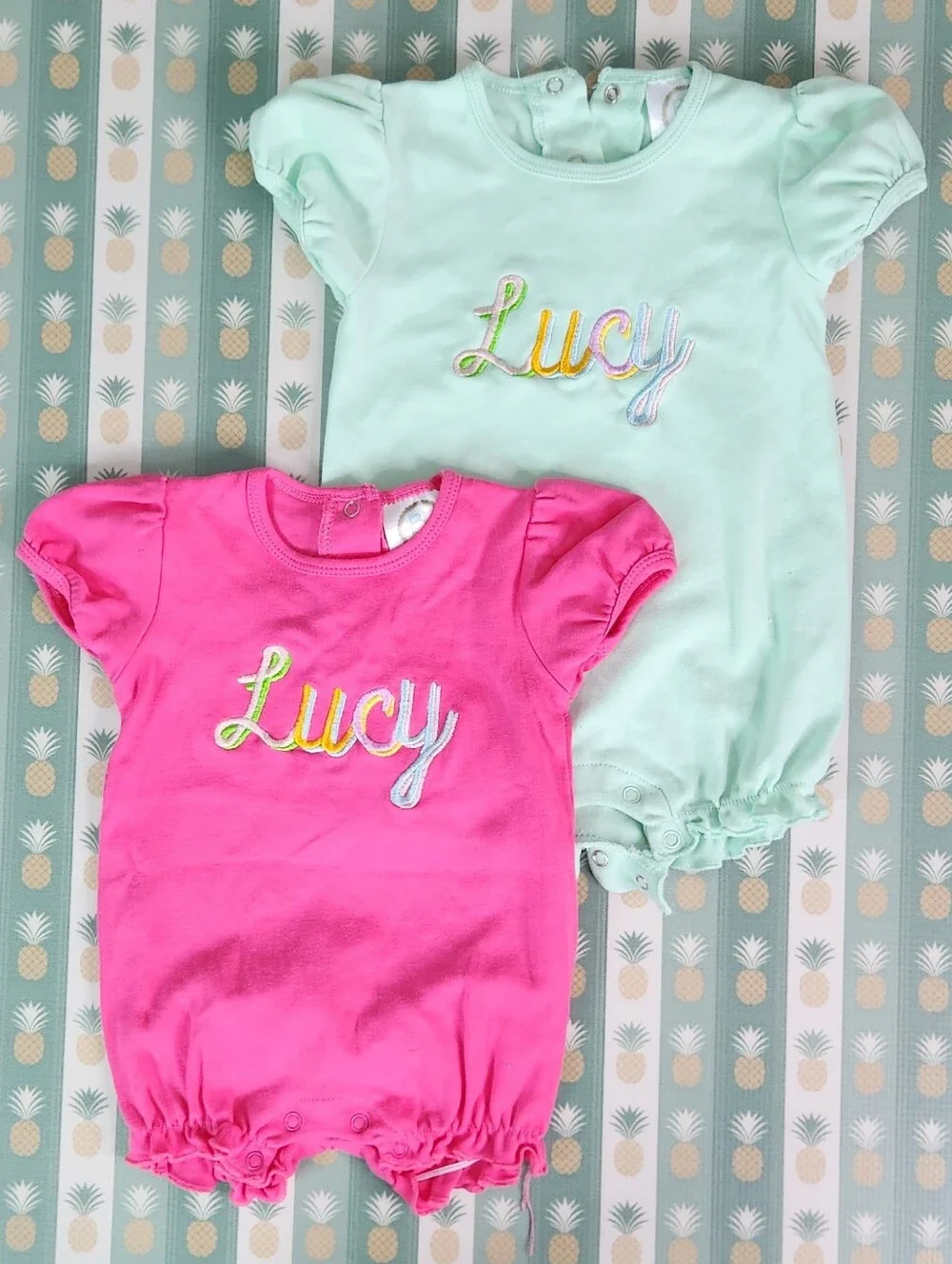 Embroidered 'Lucy' Baby Rompers - Pink & Mint